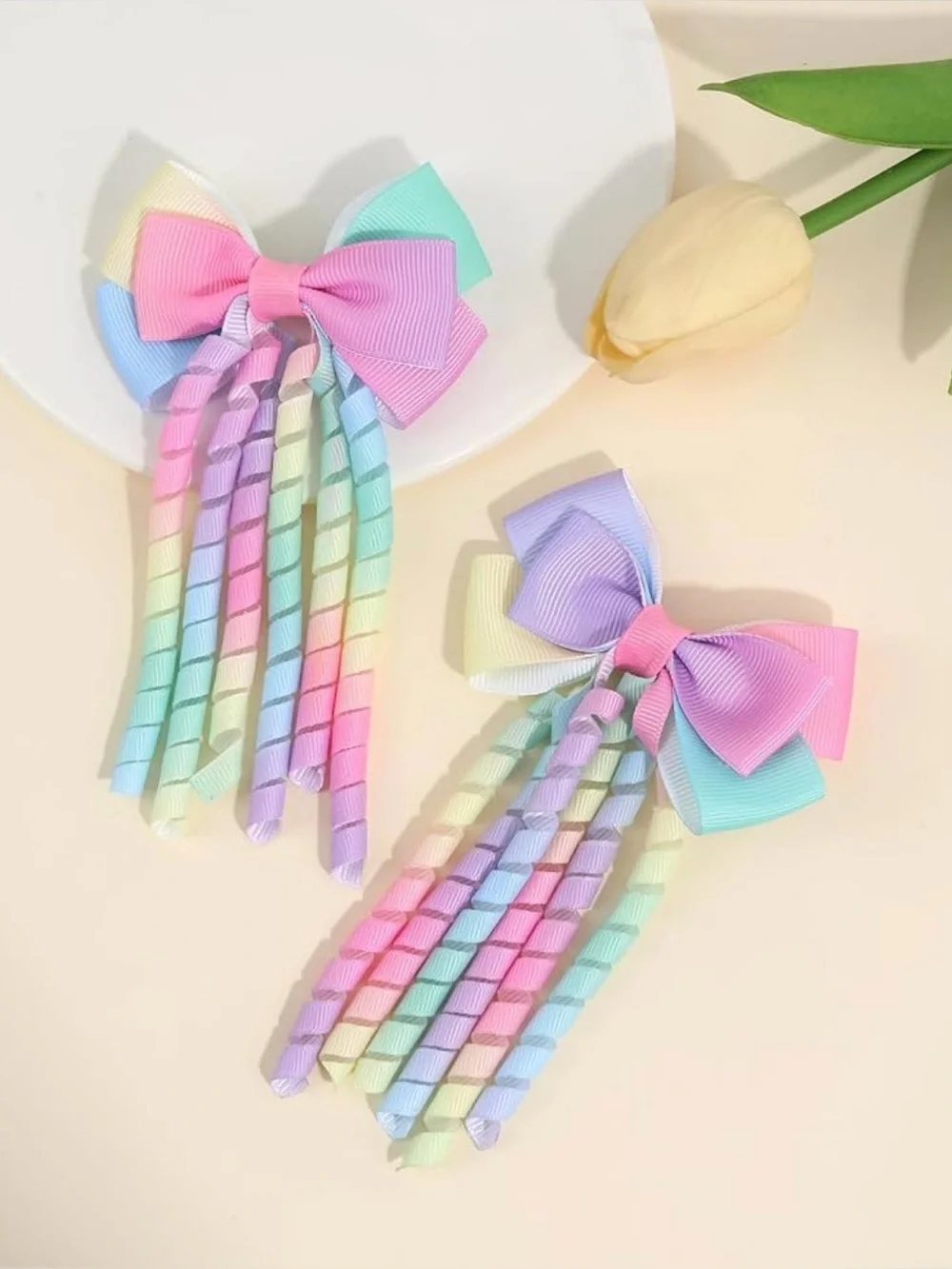 2Pcs Pastel Rainbow Curly Ribbon Bow Hair Clips